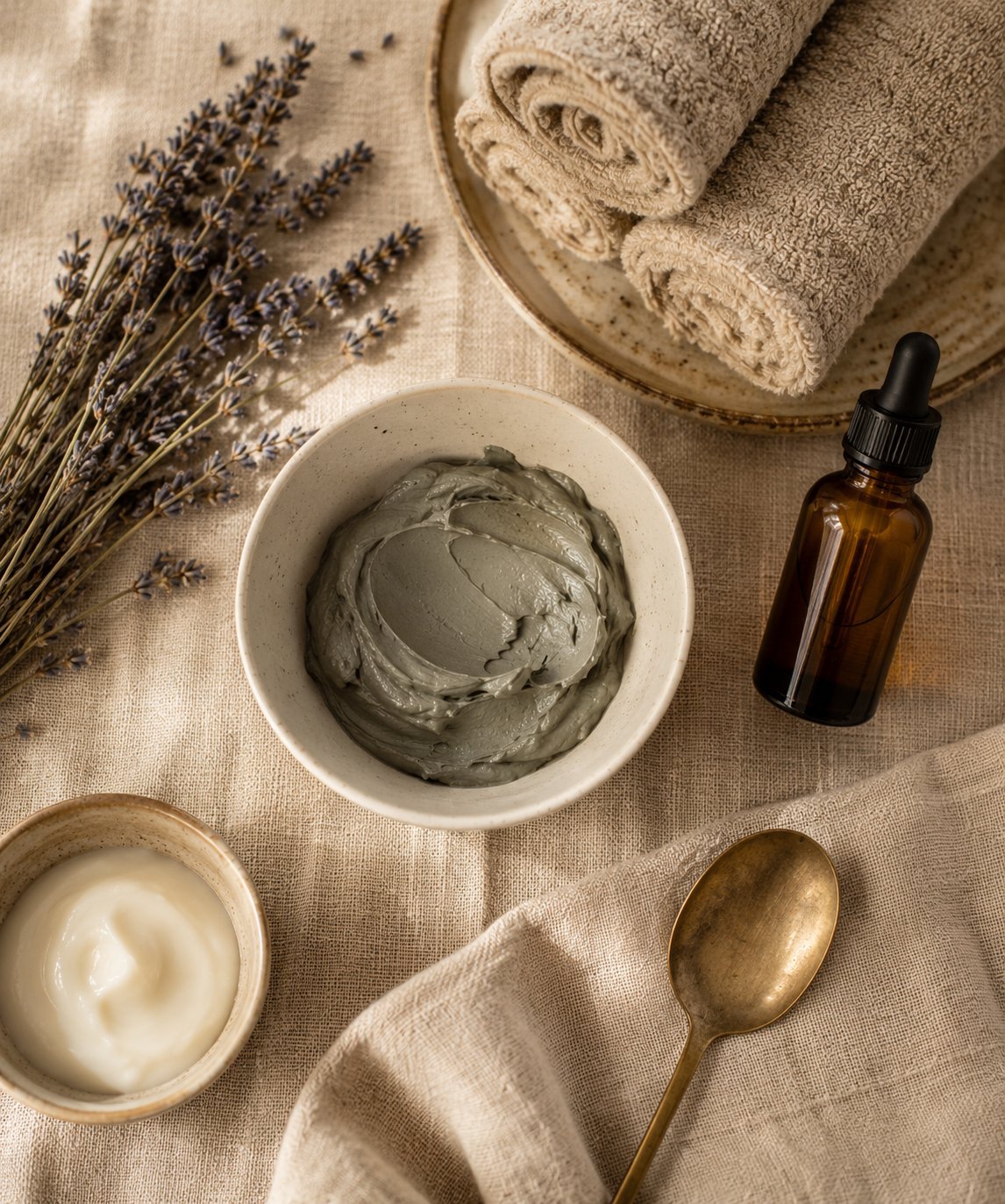 Schoonheidsbehandeling: kleimasker, lavendel, handdoeken en olie